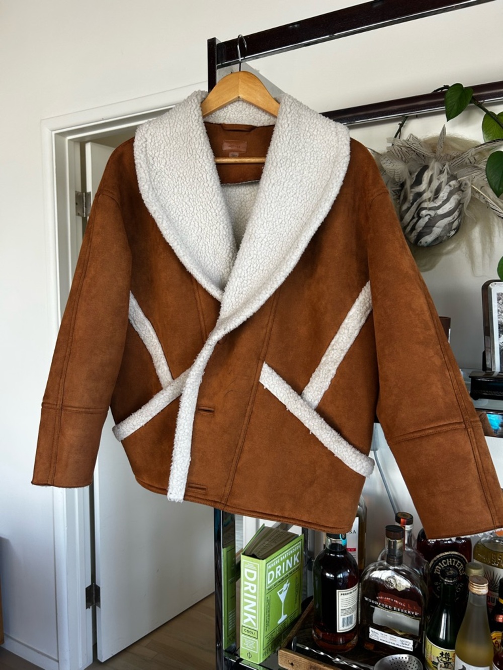 Mother Brown Suede Shearling Jacket with Cream Sherpa Trim